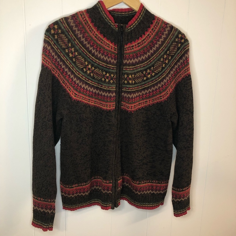 Tiara Vintage Brown Zip-Up Fair Isle Zip Up Cardigan in Earthtones